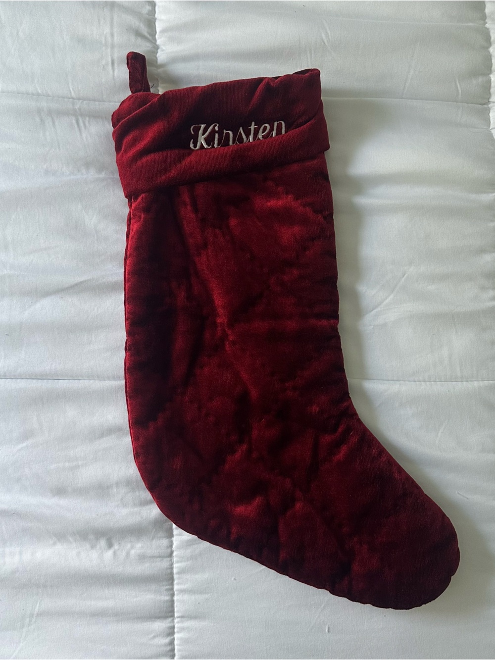 Pottery Barn Velvet Christmas Stocking in Burgundy (Kirsten embroidered)